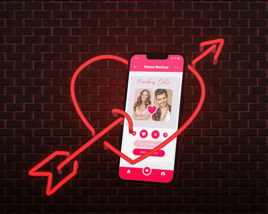 A smartphone displaying a popular dating apps interface with profile pictures and match options.