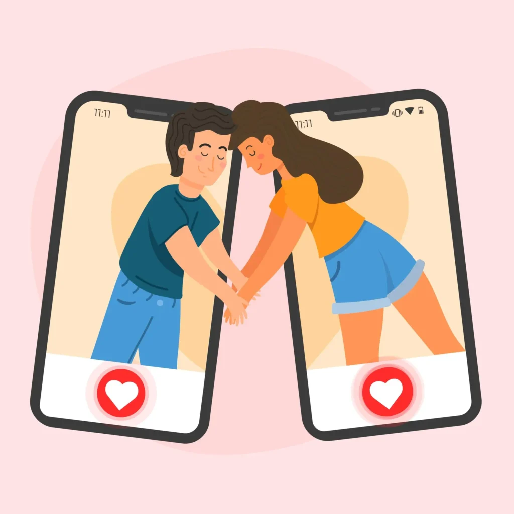 Two people connecting through dating apps on their phones, representing modern relationships.