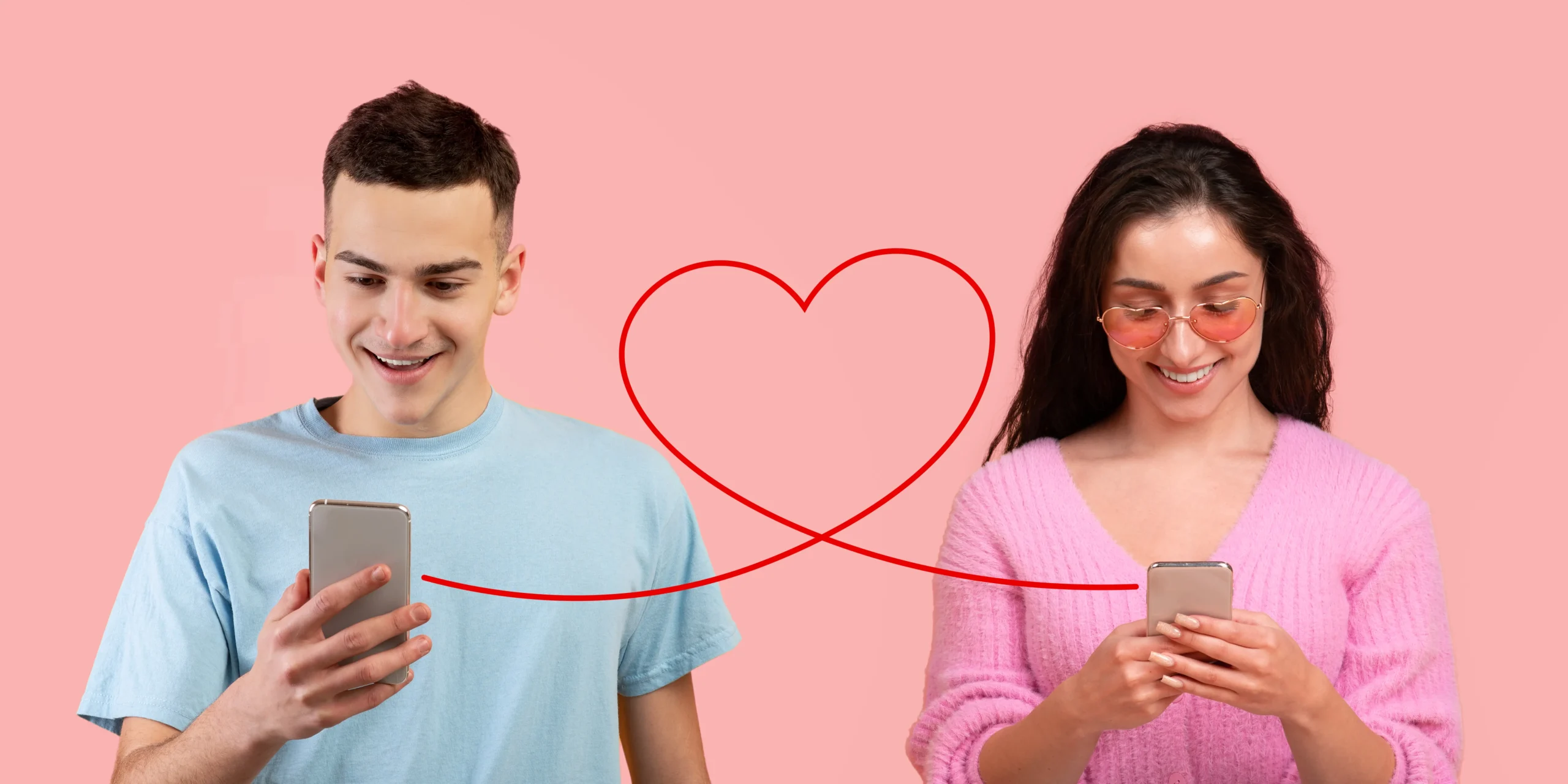 using dating apps young-man-light-blue-shirt-woman-pink-sweater-both-smiling-their-phones